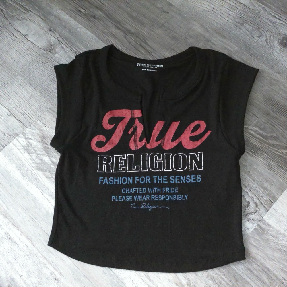True Religion Black Tee with Red and Blue Graphic